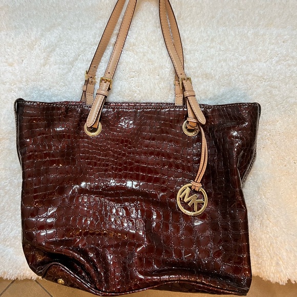 Michael Kors Crocodile-Embossed Burgundy Tote with Beige Straps - Picture 1 of 3